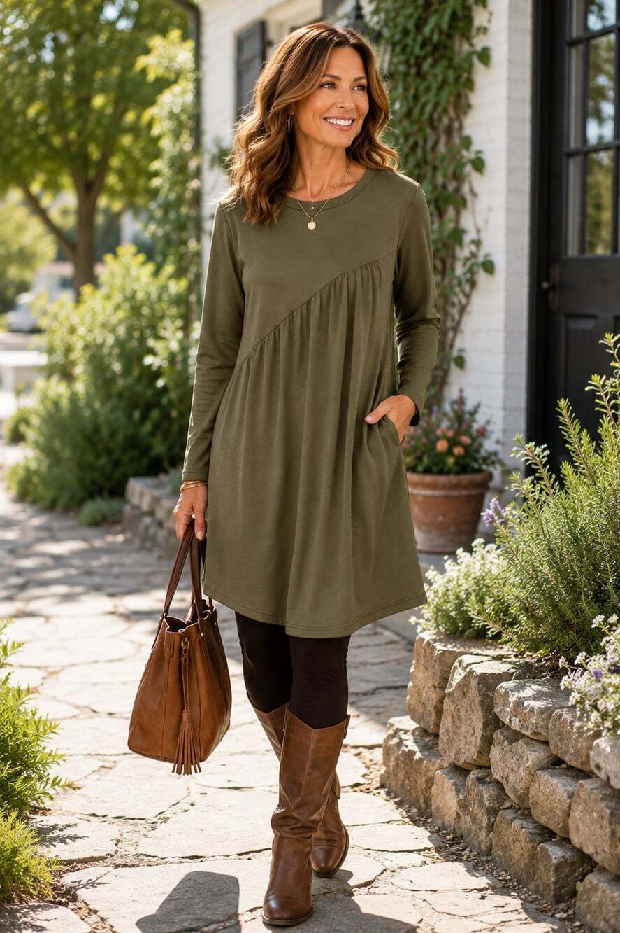 Olive Green Asymmetrical Seam Long Sleeve Tunic Dress Minimalist Boho